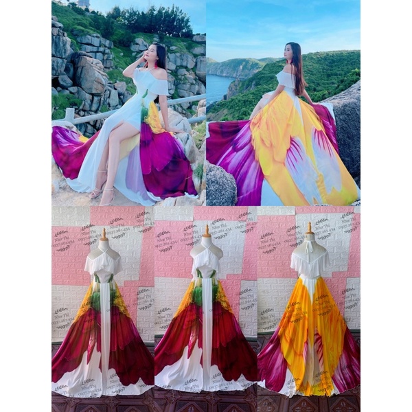 Đầm maxi màu loang ombre trễ vai xẻ tà phối nhiều màu thiết kế đi biển du lịch chụp ảnh sống ảo