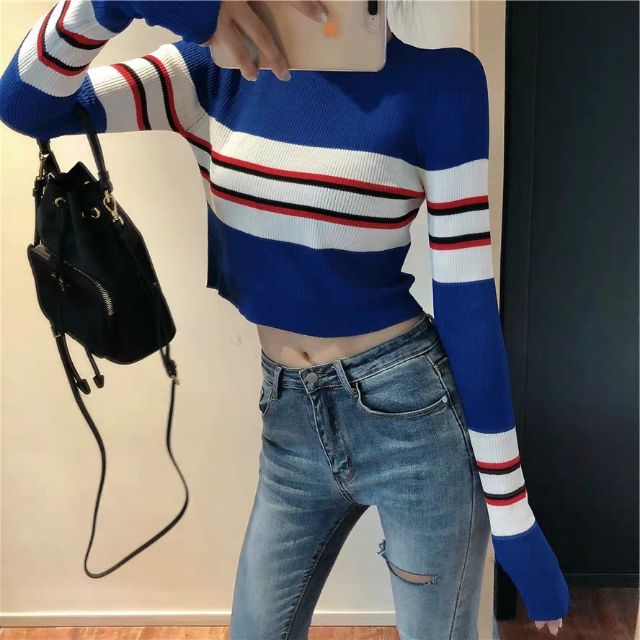 Áo len croptop thu đông cực xinh dễ thương - Áo len nữ - Áo croptop nữ tay dài sọc ngang