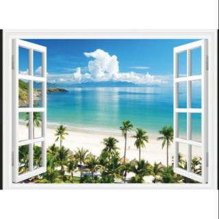 Tranh 3D dán tường phong cảnh biển cửa sổ