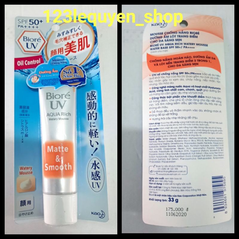 Kem chống nắng dưỡng ẩm và lót trang điểm Biore UV Aqua Rich SPF50+