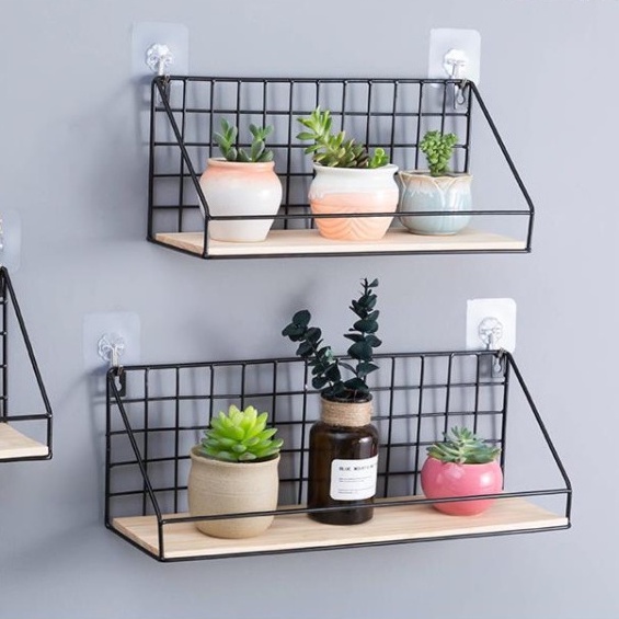 Kệ Sắt Treo Tường Đáy Gỗ,Kệ Trang Trí Nhà Cửa Decor Phòng,Giá Để Đồ Treo Tường(Tặng Đinh 4 Chân)