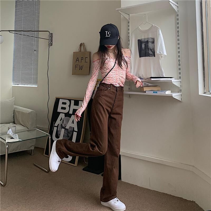 SUXI Quần Jean Nữ Ống Rộng Lưng Cao Màu Sắc Đơn Giản