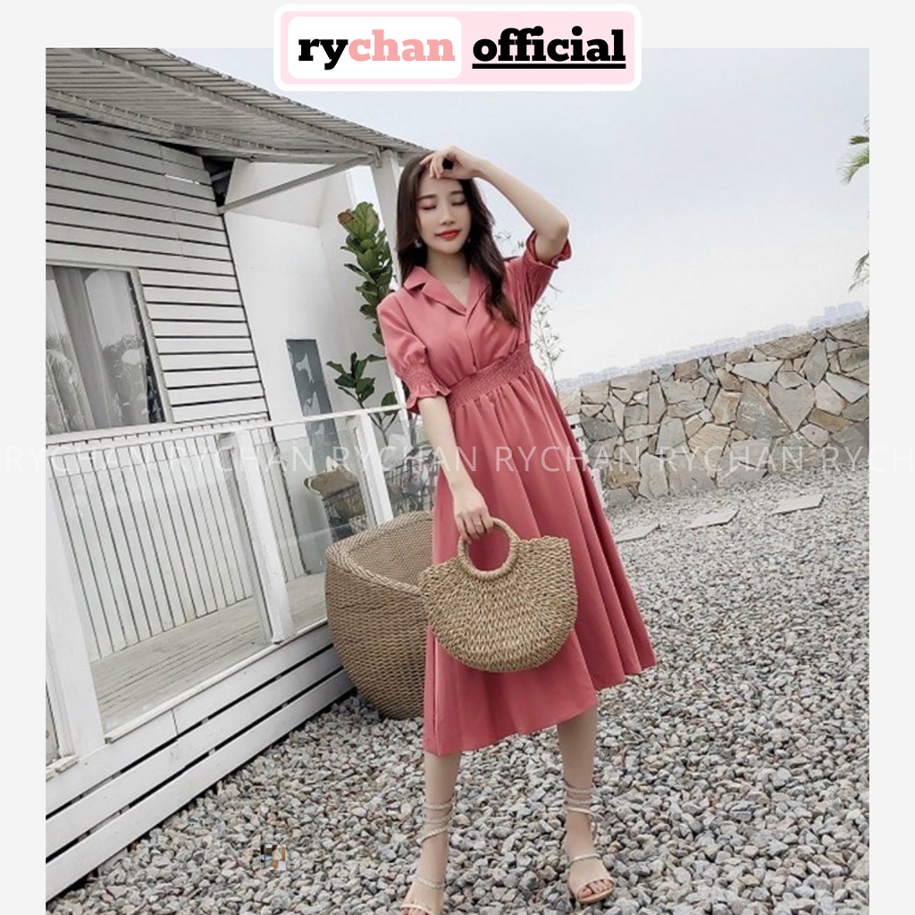 Đầm Xòe Midi Cổ Sơ Mi Eo Chun Tay Phồng Viền Bèo - DX0057