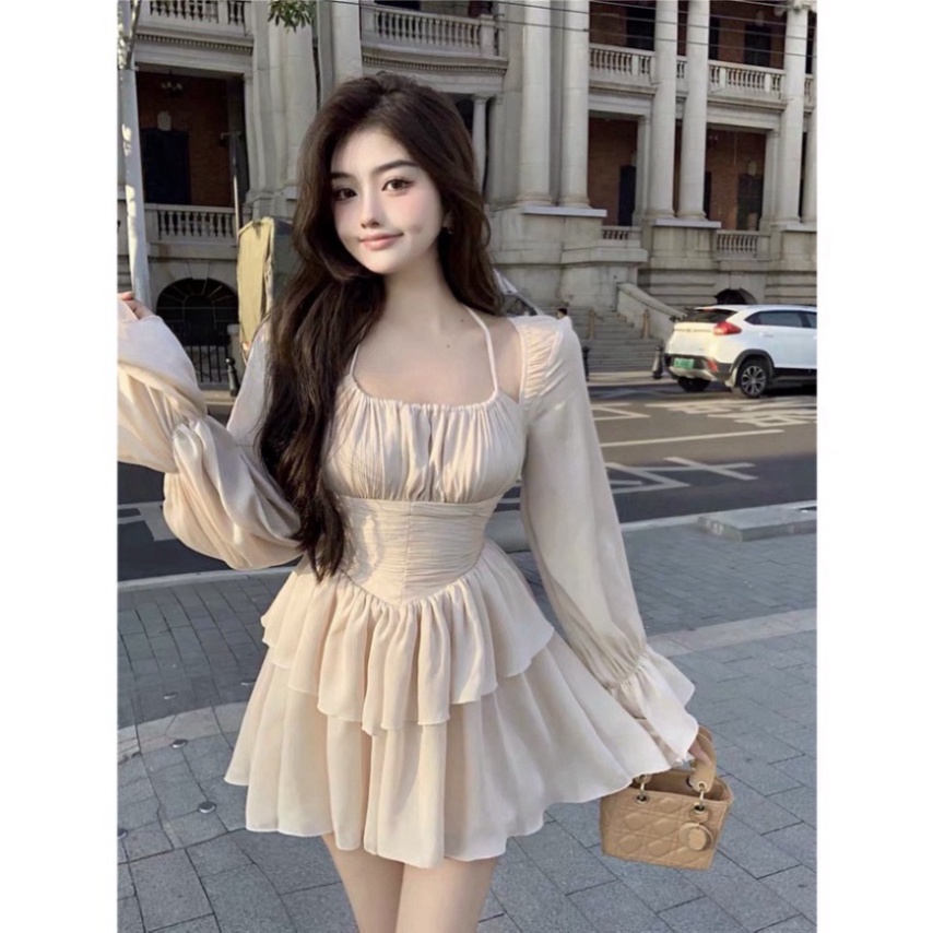 Đầm xòe cổ yếm voan nhún quảng châu, Váy xòe xếp ly hở lưng tiểu thư tay dài kiểu hàn màu đen,be, hồng | BigBuy360 - bigbuy360.vn