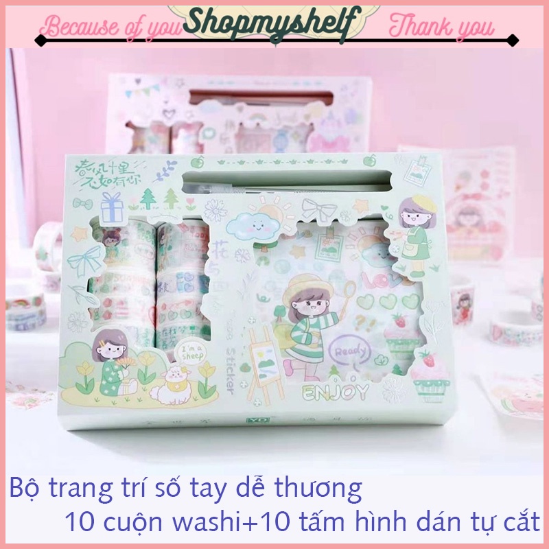 Bộ trang trí sổ tay dễ thương bao gồm: 12 cuộn washi+ 10 tấm hình dán tự cắt (kèm dao cắt) - đồ dùng handmade xinh