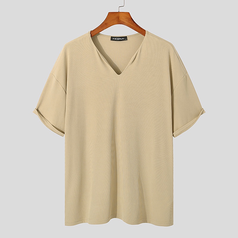 Áo thun INCERUN ngắn tay cổ chữ V màu trơn size S-5XL cho nam