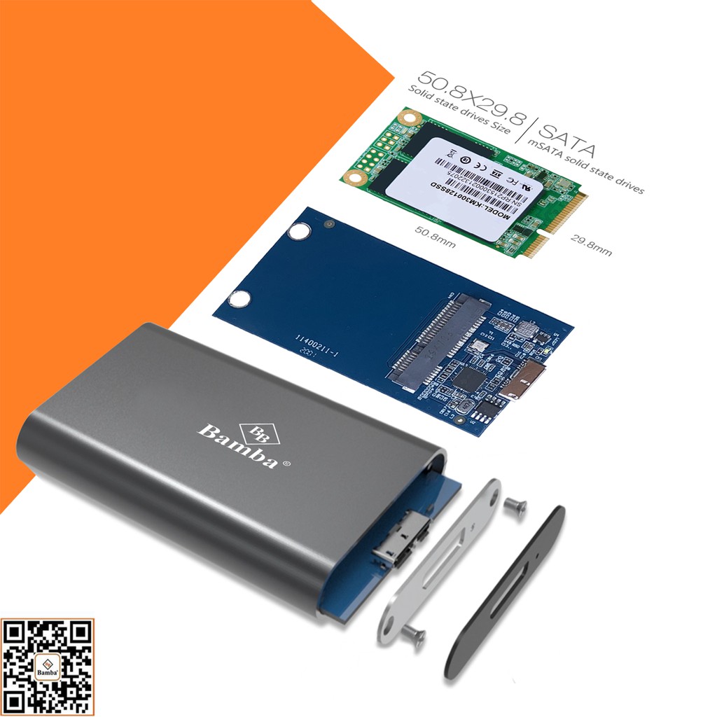 HỘP ĐỰNG Ổ CỨNG SSD MSATA RA USB 3.0 - BOX SSD MSATA RA USB 3.0 BAMBA B6 - VỎ NHÔM + MÀU BẠC