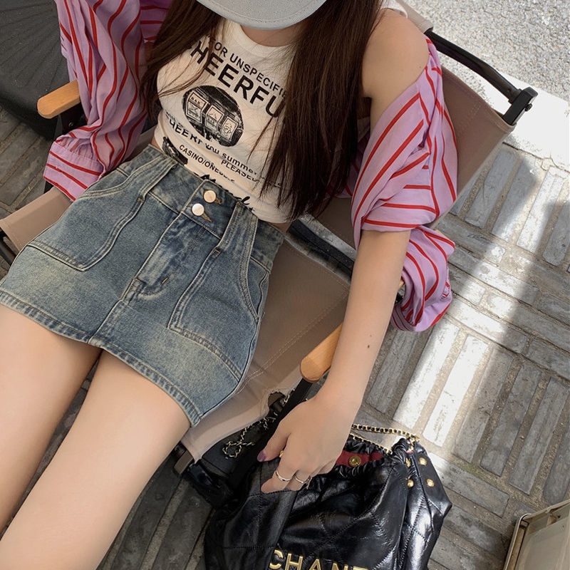 Chân váy jean COZOKC lưng cao phong cách cổ điển thời trang