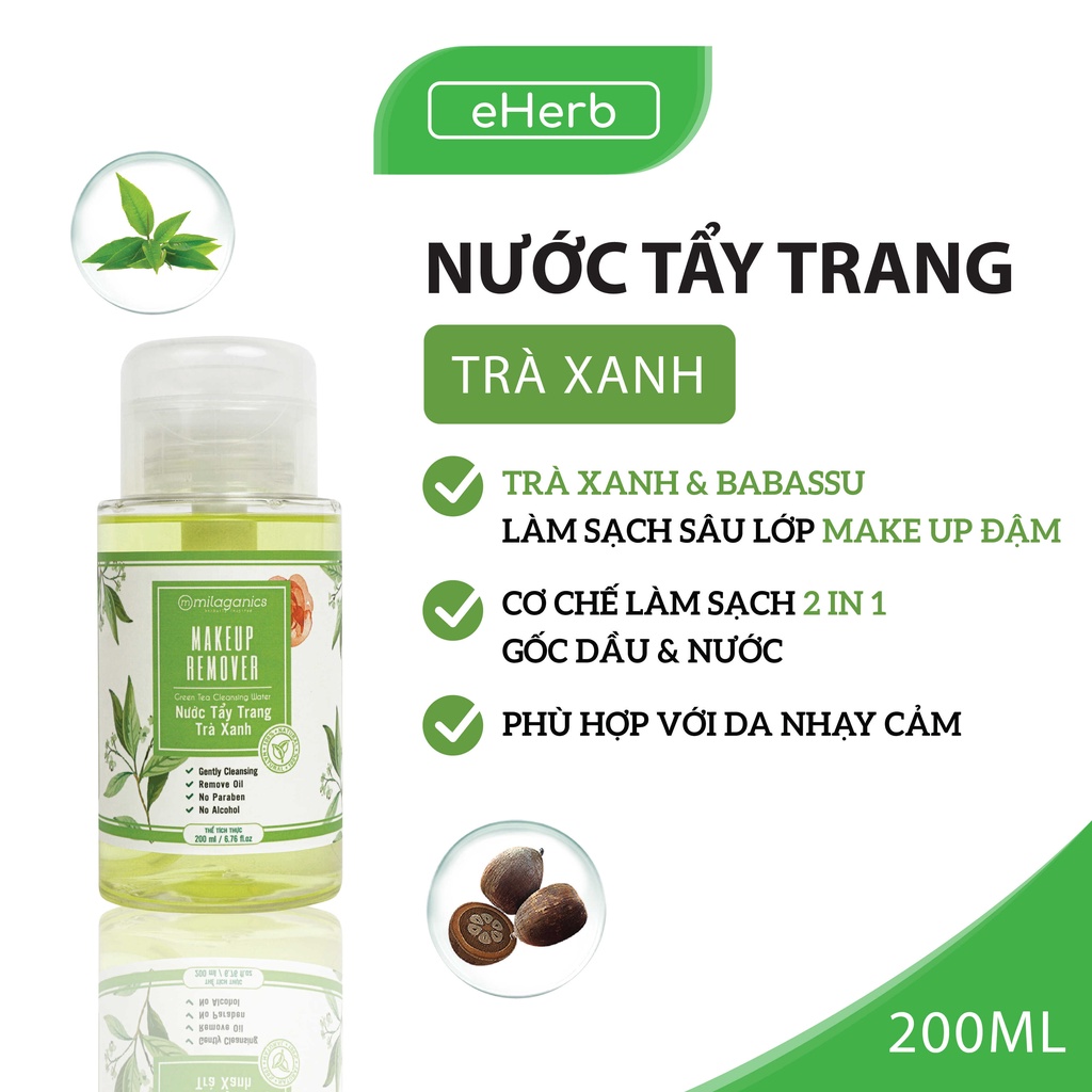 Nước Tẩy Trang Mắt Môi Trà Xanh & Dầu Babasu Làm Sạch, Dưỡng Ẩm Không Chứa Cồn Cho Da Dầu Mụn MILAGANICS 200ml (Chai)