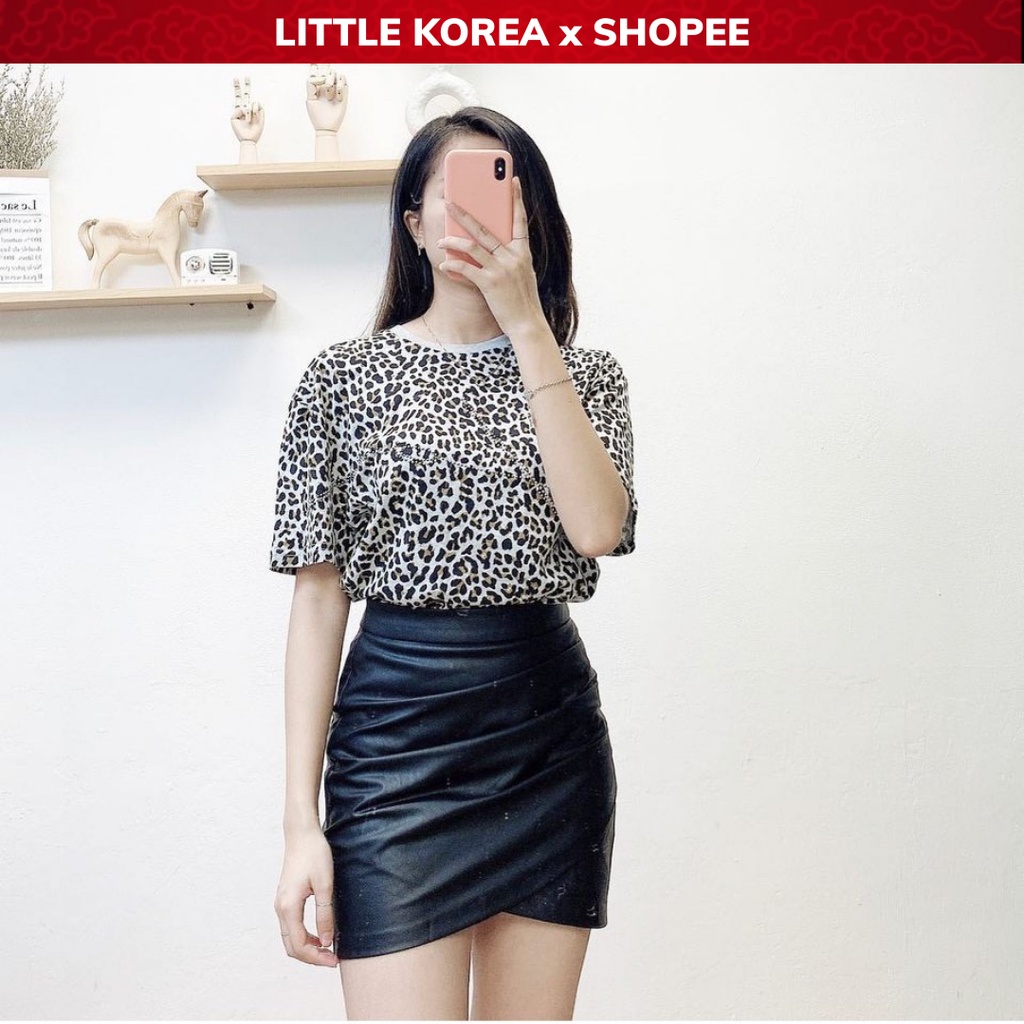 Áo Phông Nữ Cổ Tròn Tay Ngắn Dáng Dài Form Rộng Oversize Da Beo H.M - LITTLE KOREA