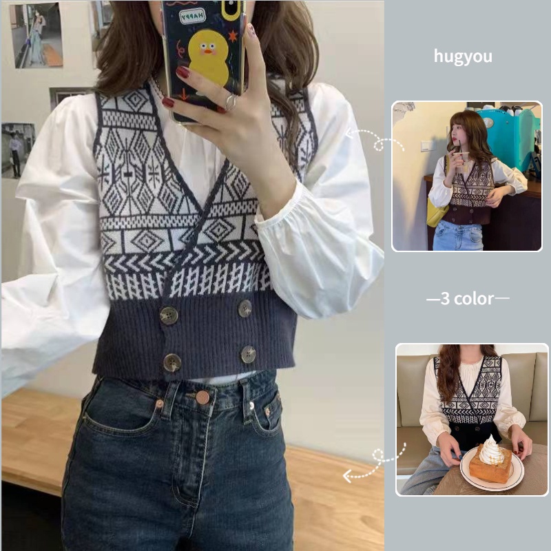 Áo gile sweater dệt kim ôm eo cổ chữ V xinh xắn cho nữ
