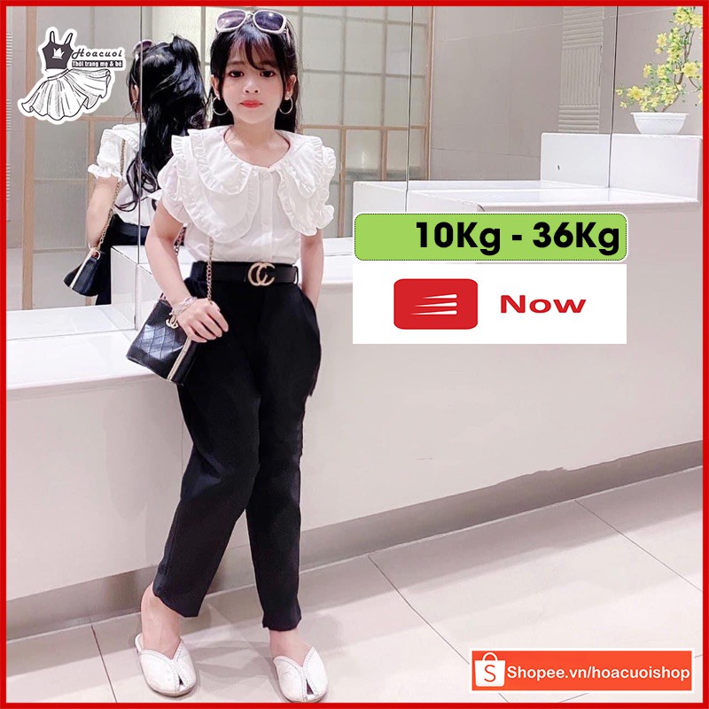 Sét áo sơ mi bèo ngắn tay kèm quần baggy vải umi Hàn Quốc sang chảnh cho bé gái từ 10-24kg_HC33