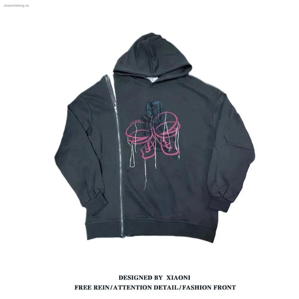 Áo hoodie dáng rộng phối khóa kéo đính đá thời trang xuân thu dành cho nữ