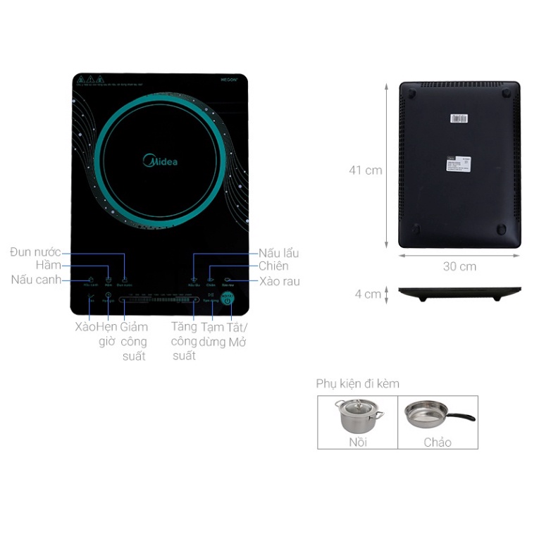 Bếp điện từ đun nhanh công suất 2100w cao cấp Midea MI-T2117DB TẶNG NỒI INOC 3 ĐÁY  + CHẢO INOC 3 ĐÁY