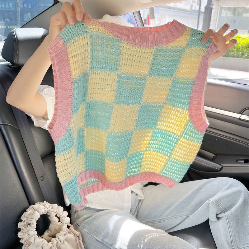 Áo Dệt Kim Sát Nách Sọc Ca Rô Phối Màu Tương Phản Cá Tính Thời Trang Hàn Quốc Cho Nữ
