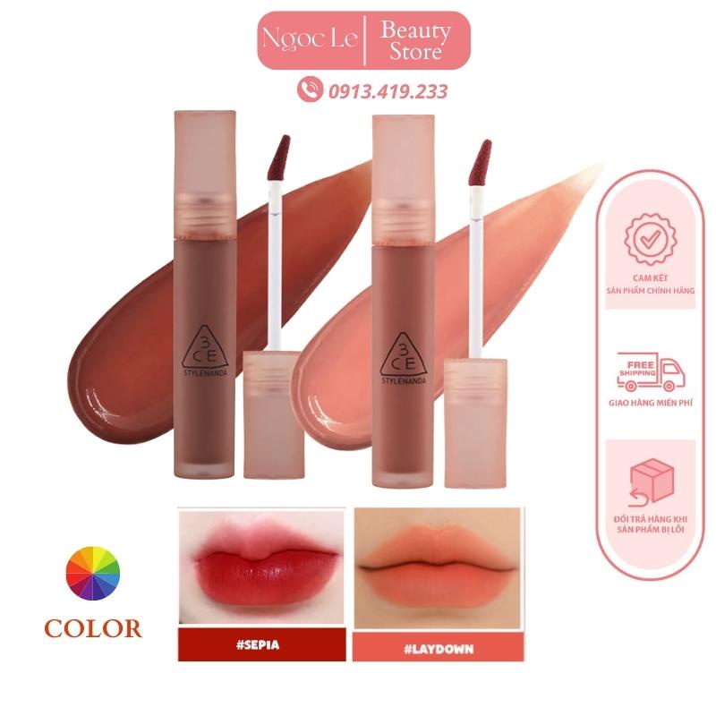 Son kem 3CE Blur Water Tint, Son kem lỳ 3CE Laydown Sepia cho viền môi mờ ảo không lem khi đeo khẩu 