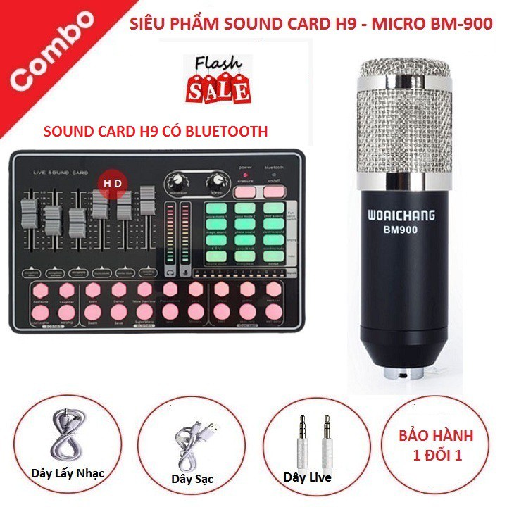 Combo Micro Thu Âm BM 900, Sound Card H9 Hát Livestream Karaoke Rất Hay