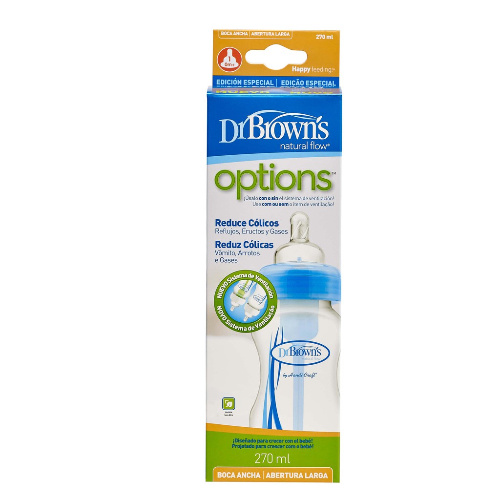 Bình sữa Dr.Brown's options cổ rộng 270ml nhựa pp màu xanh, hồng.