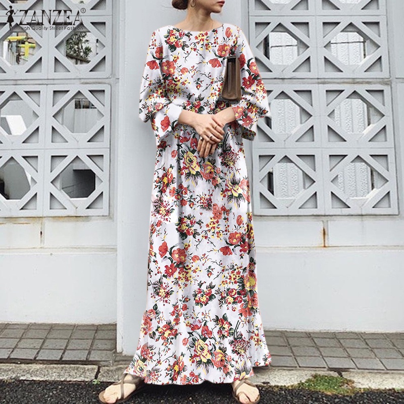 ZANZEA Đầm Dài Tay Cổ Tròn Xẻ Tà Họa Tiết Hoa Thanh Lịch Cho Nữ