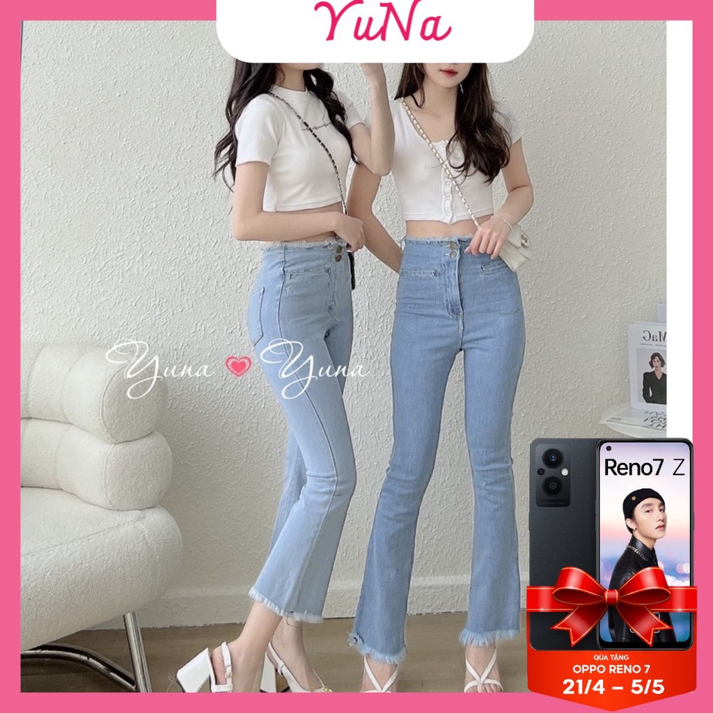 Quần jean nữ YUNA ống loe màu xanh cạp cao phong cách Hàn Quốc năng động siêu co dãn siêu hách dáng, thời trang nữ YUNA