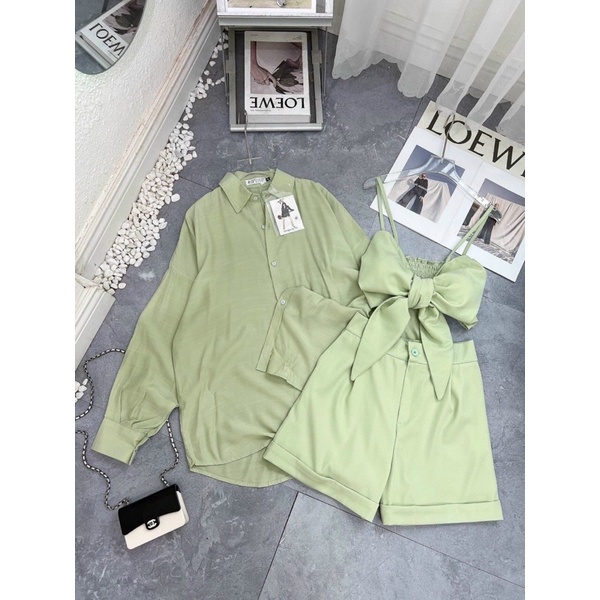 Set áo sơmi kèm bra nơ + quần đùi