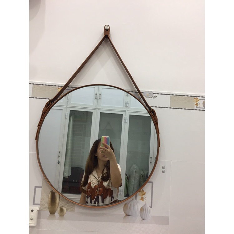 Gương treo tường gương tròn viền dây da treo gương trang điểm đẹp để trang trí decor phòng khách phòng ngủ nhà tắm