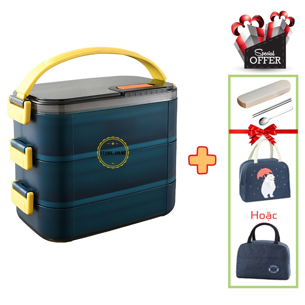 Hộp cơm văn phòng giữ nhiệt LunchBox tặng kèm túi, đũa thìa, hộp cơm cắm điện 2 tầng