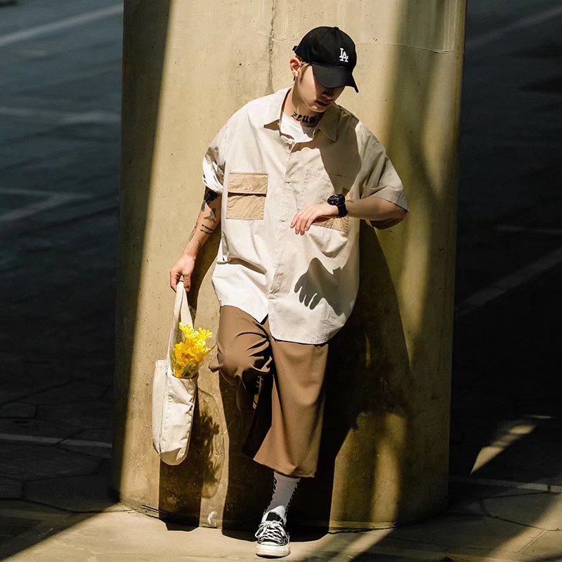 Áo Sơ Mi Kaki Ngắn Tay Phối Túi Màu Sắc Tương Phản Có Túi M-2XL Dễ Phối Đồ Thời Trang Mùa Hè Cho Nam