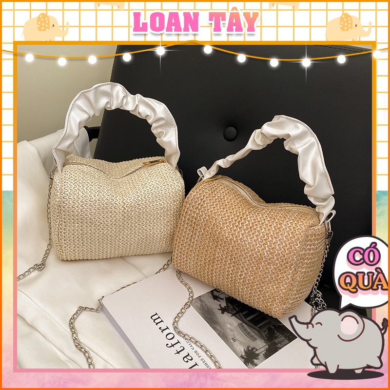 Túi Cói Dáng Hộp Vuông Quai Da Túi Cói Đi Biển L2086