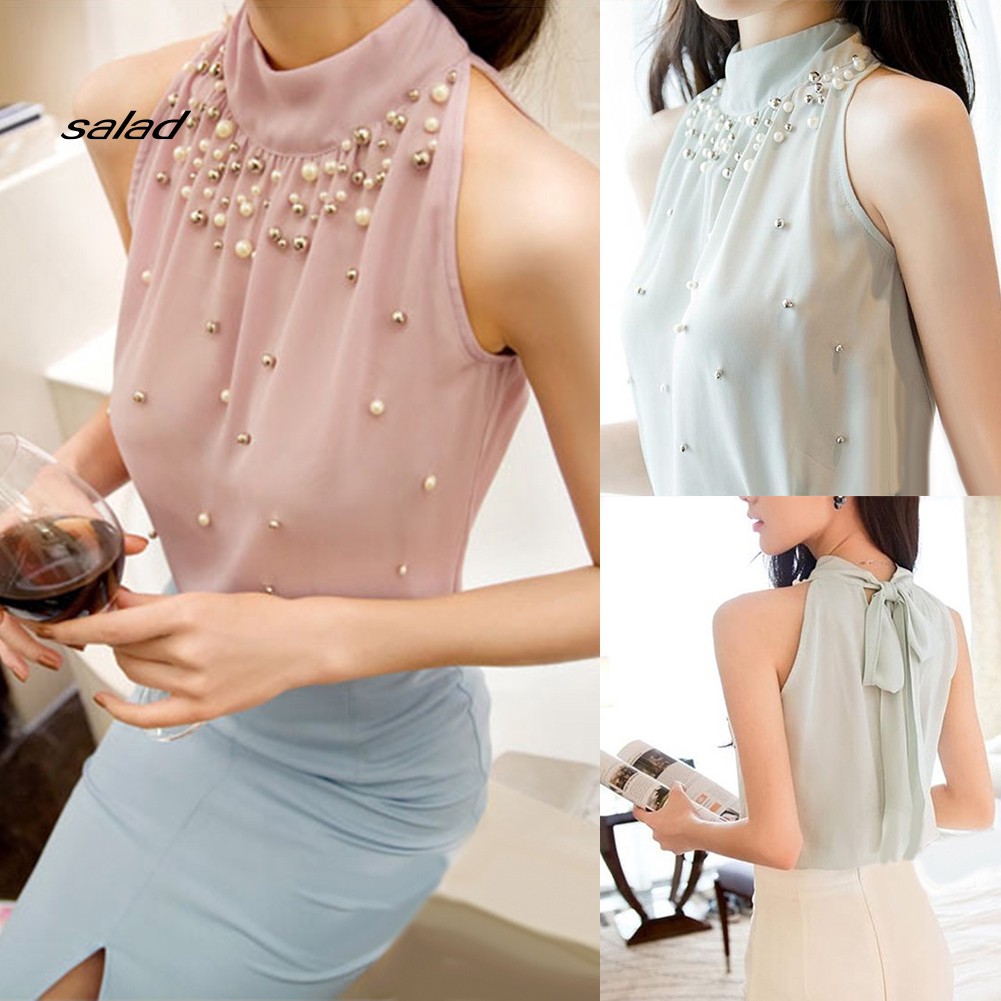 [SD] Áo Voan Không Tay Cổ Cao Đính Hạt Màu Trơn Sành Điệu Cho Nữ