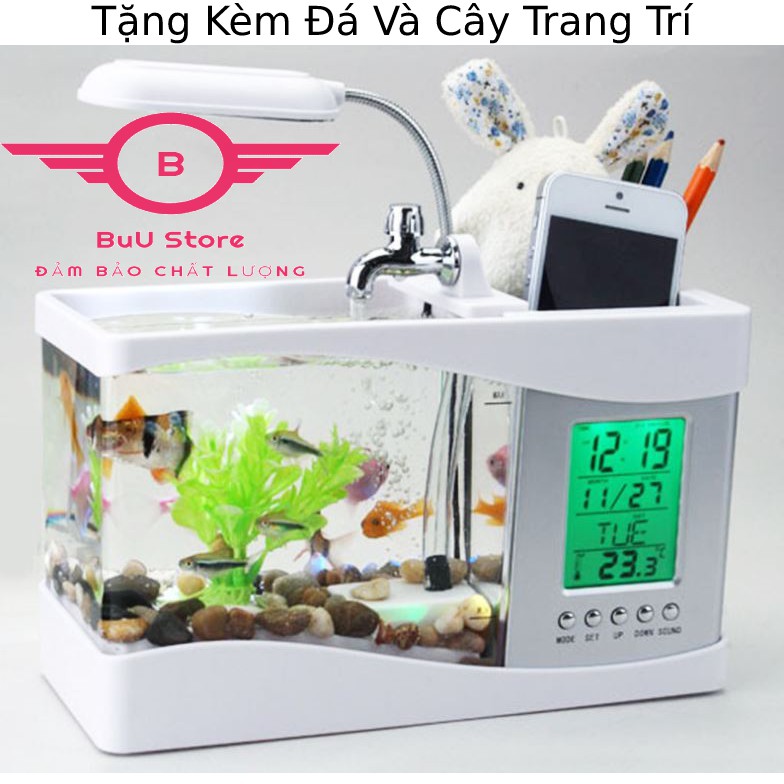 Bể cá cảnh mini tích hợp đồng hồ để bàn trang trí, decor nhà cửa tặng kèm đá và cây trang trí