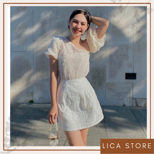 Áo lệch vai nữ tay bồng tơ hoa 2 lớp mềm mịn hàng thiết kế cao cấp Hottrend LICA - A33