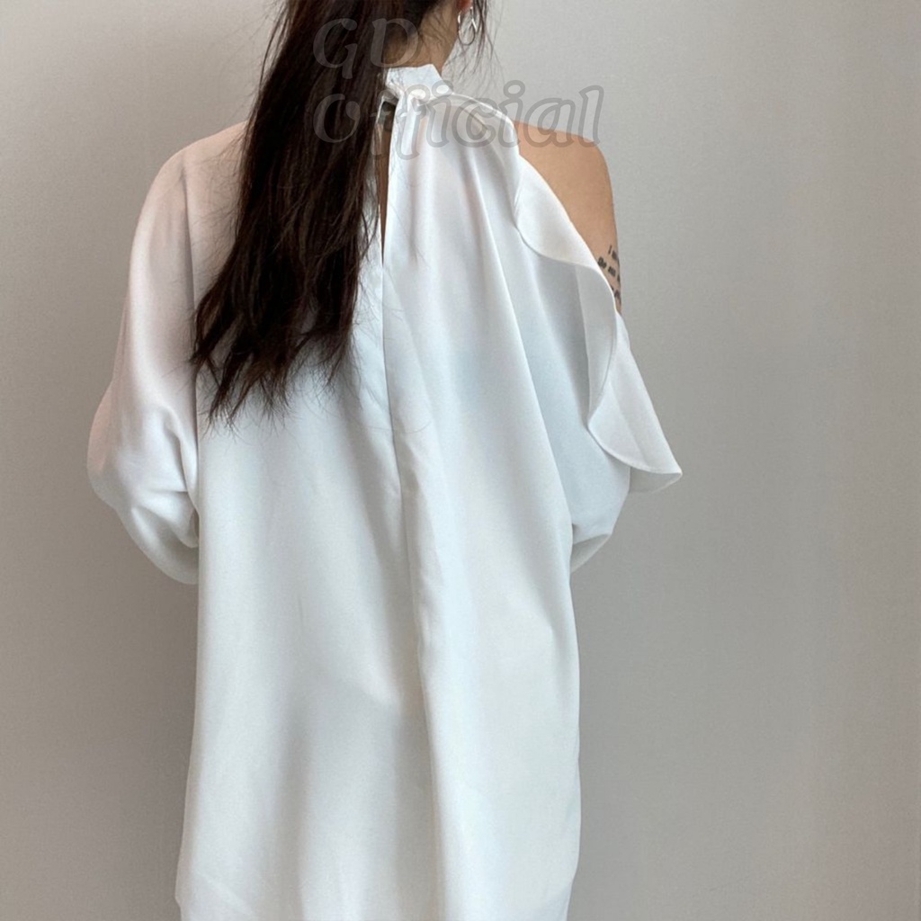 A48|Áo sơ mi voan dài công sở nữ sang trọng tối giản cổ lọ đứng tròn thắt lưng eo dài tay hở vai trắng đen GD Offcial