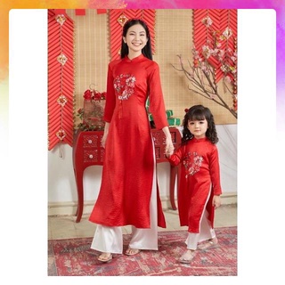 Áo Dài Cách Tân mẹ và bé _áo dài cach tân mặc tết lụa cao cấp thêu hoa lắc tay