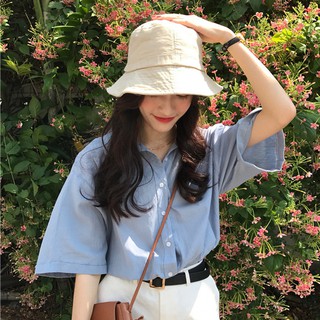 Phiên Bản Hàn Quốc Áo Sơ Mi Bé Gái Mùa Hè Phong Cách Hồng Kông Màu Trơn Đơn Giản Nửa Tay Áo Sơ Mi Bé Gái Top Nửa Tay