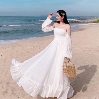 🔴Đầm maxi trắng đi biển tà bèo tay dài hoặc trể vai nhún ngực chụp ảnh siêu đẹp