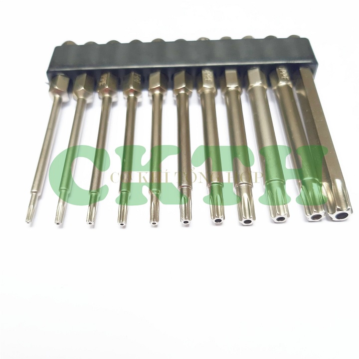 Mũi hoa thị lục giác có lỗ. Bộ 11 mũi vít hoa thị dài 75mm cho máy khoan và máy bắt vít hãng Broppe