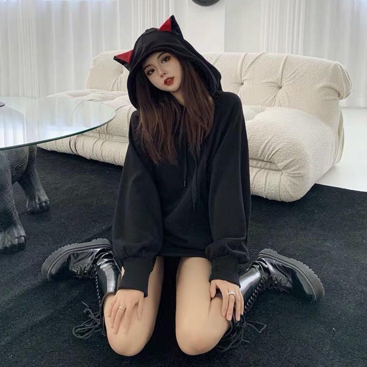 Áo hoodie tay dài đen có nón tai mèo ulzzang vải dày cực dễ thương cute size lớn