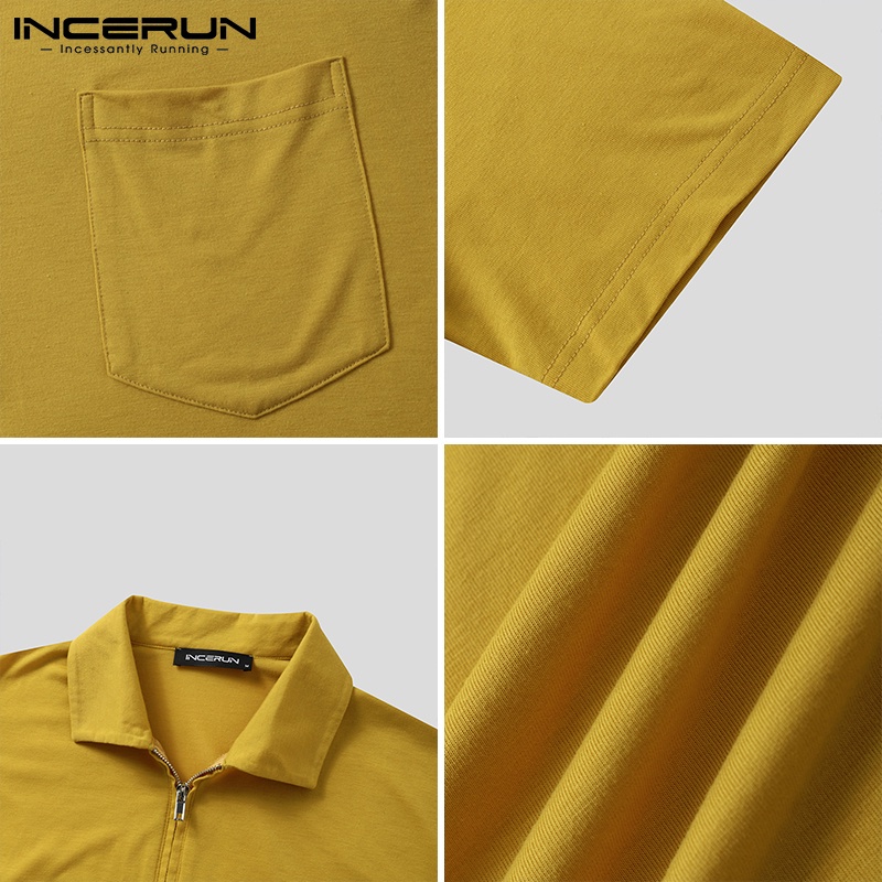 Áo polo INCERUN cổ lật ngắn tay dáng rộng đơn giản màu trơn thời trang dành cho nam