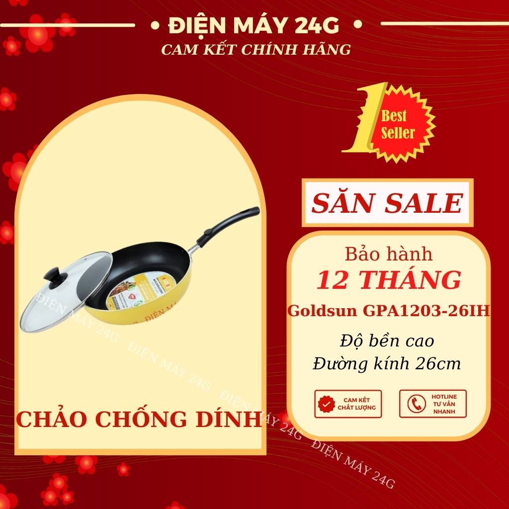 Chảo chống dính GOLDSUN 26CM chảo bếp từ chất liệu nhôm bền đẹp chảo sâu lòng có nắp kính chịu lực hàng chính hãng