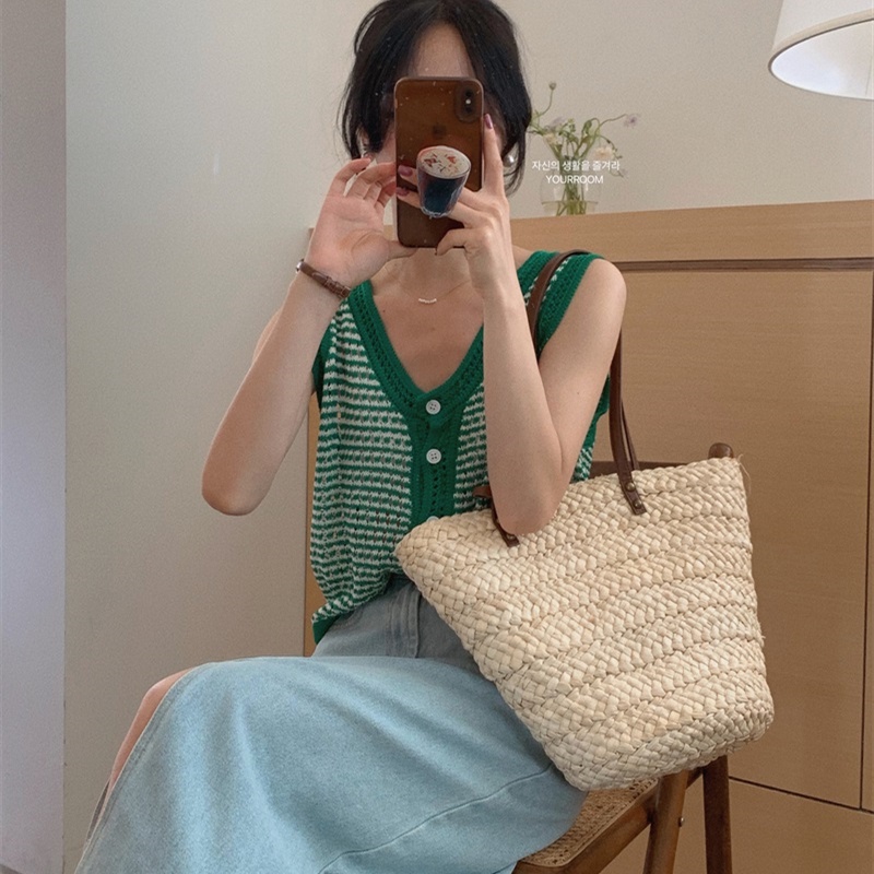 Áo dệt kim SUXI sát nách cổ chữ V màu tương phản phong cách Hàn Quốc thời trang hè cho nữ