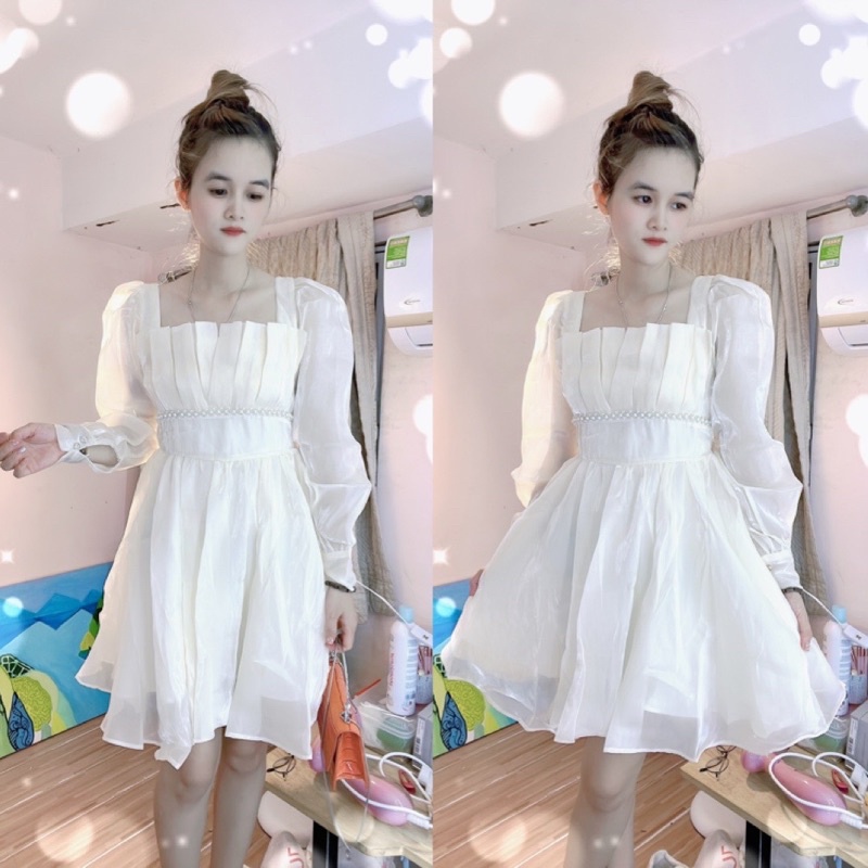 Đầm voan cổ vuông xếp ly tầng ngực viền hạt eo