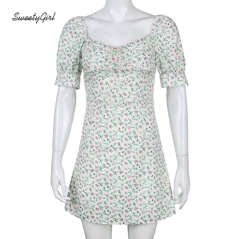 Đầm Ôm Tay Ngắn Phồng Cổ Chữ V In Họa Tiết Hoa Thời Trang Dành Cho Nữ