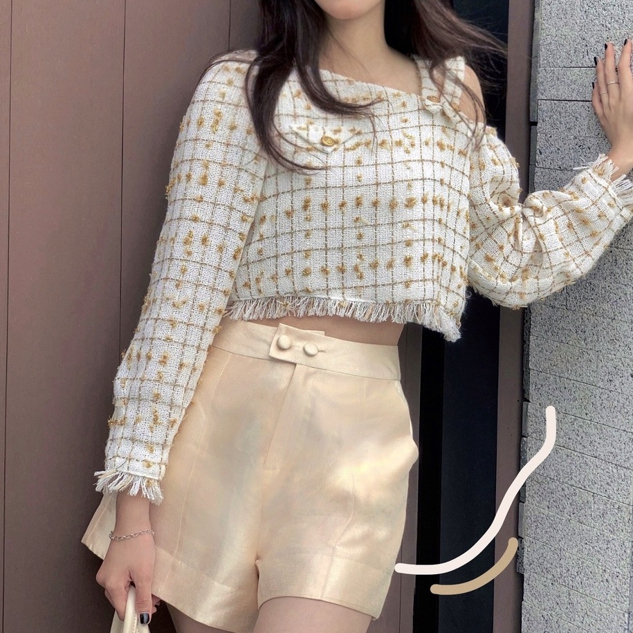 THE FANCE | Áo croptop tweed lưới thoáng lệch vai MOCHI