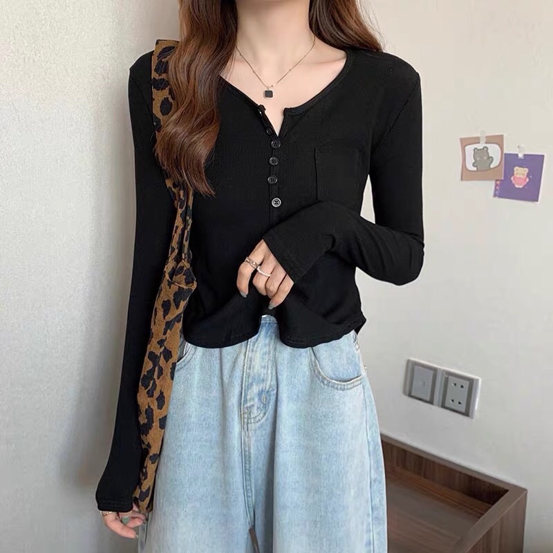 Áo TAY DÀI NÚT CÀI PHỐI TÚI vạt bầu hình thật