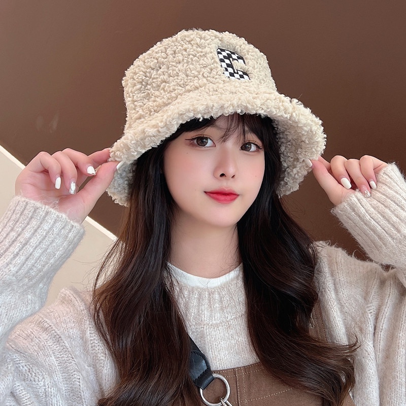 Mũ Lông CừuFREESHIPMũ bucket lông cừu phong cách Hàn Quốc mềm mại hoạ tiết chữ C [ D706 ]