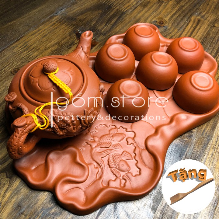 Ấm trà tử sa Bát Tràng đắp nổi hoa sen, kèm khay ấm chén hình chiếc lá sen | BigBuy360 - bigbuy360.vn