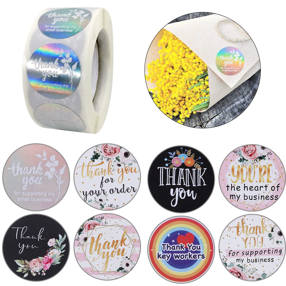 LONTIME /500pcs DIY Thank You Stickers Wedding Decor Gift Paper Sticker Flower labels Gift Packaging Sticker roll Package Label Round label Thank You Sealing Craft Self Adhesive