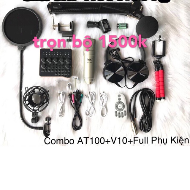 Bộ thu âm karaoke autotune MIC AT100+ soundcard V10 và đủ phụ kiện như hình, giá tốt nhất