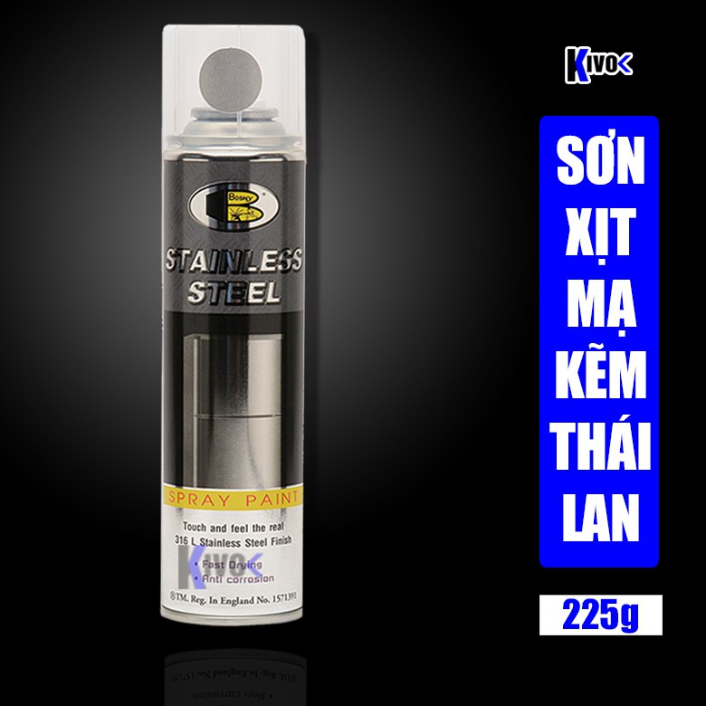 Sơn Xịt Lót Mạ Kẽm Bosny Stainless Steel Chống Gỉ 225g - Bình Sợn Xịt Mạ Crôm - Sơn Mạ Kẽm Màu Bạc - Mạ Chrome - Kivo